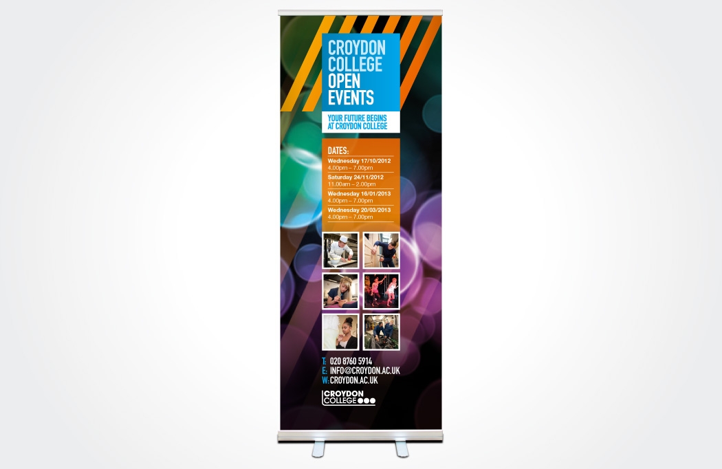 Image of a pull-up banner for Croydon College designed by BLU:72 Creative