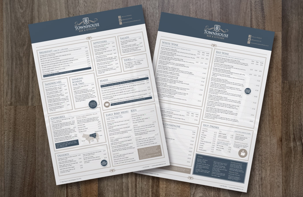 Menu design for The Townhouse by BLU:72 Creative