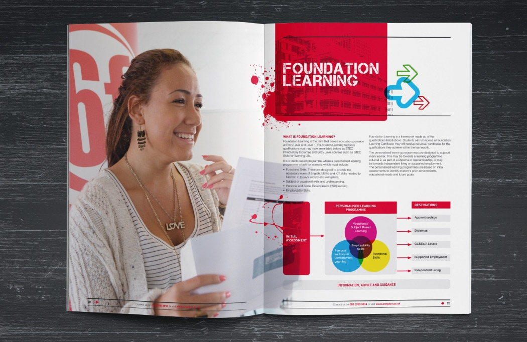Photo of a college prospectus designed for Croydon College by BLU:72 Creative