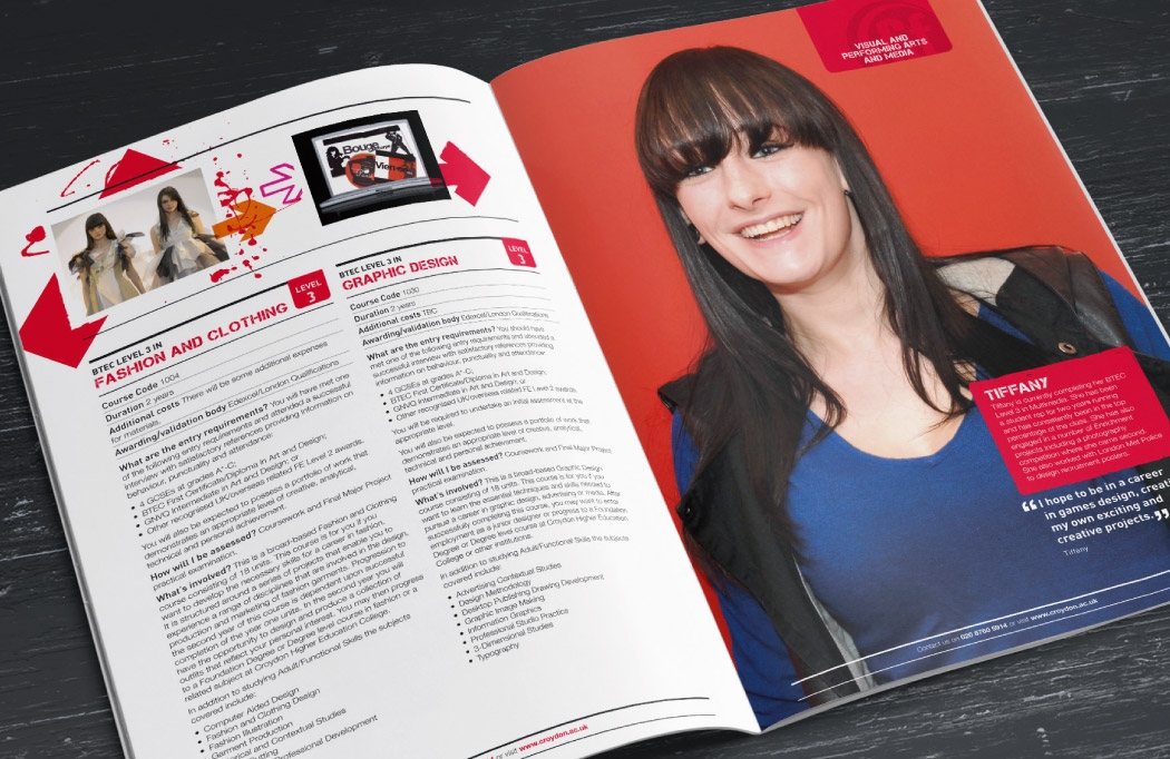 Photo of a college prospectus designed for Croydon College by BLU:72 Creative