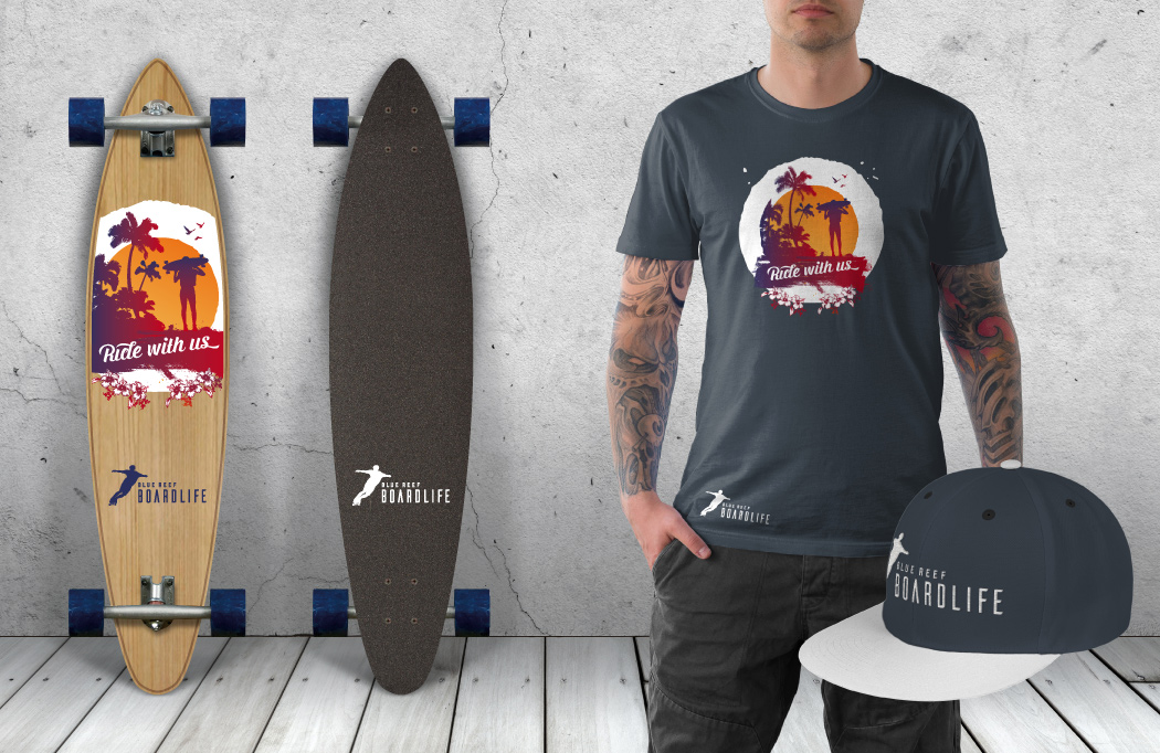 Apparel and Longboard Design for Blue Reef Boardlife by BLU:72 Creative
